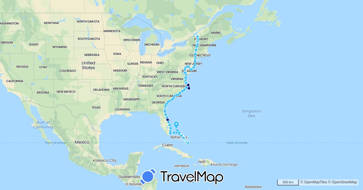 TravelMap itinerary: driving, hiking, boat in Bahamas, Canada, United States (North America)